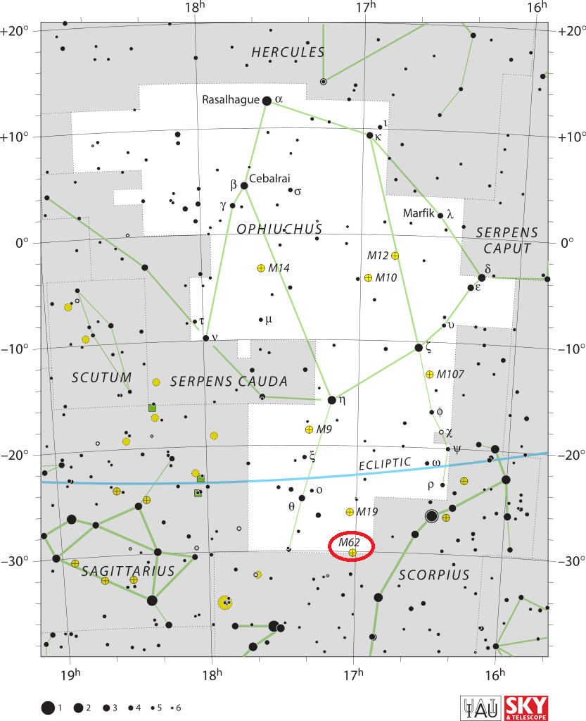 Locatie m62, waar bevindt zich Messier 62, vind Messier 62.