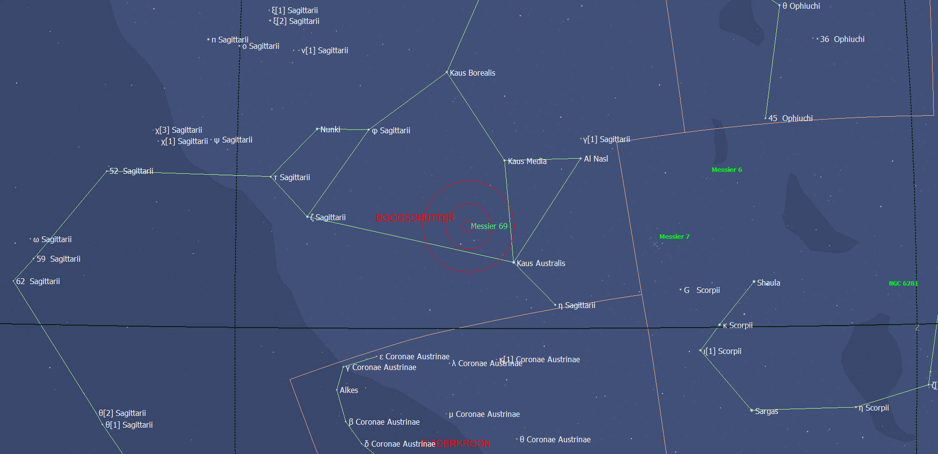 De locatie van Messier 69 - NGC 6809 in het sterrenbeeld Sagittarius - Boogschutter