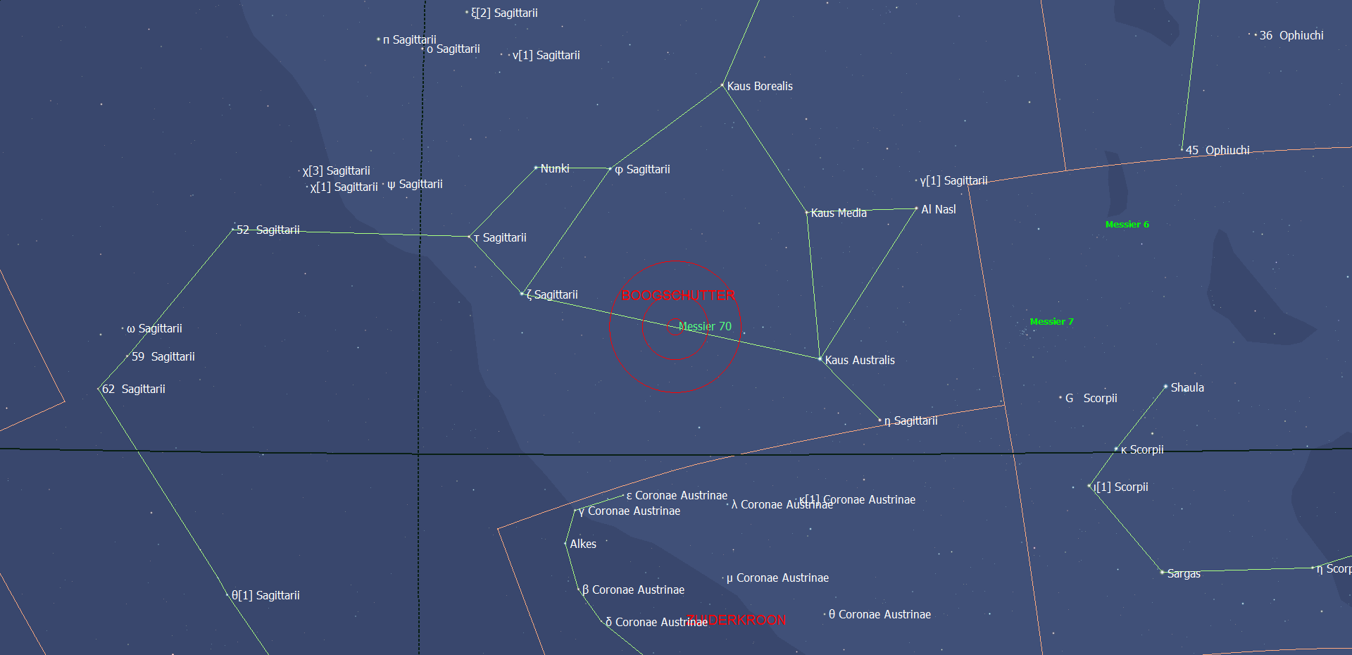 De locatie van Messier 70 - NGC 6681 in het sterrenbeeld Sagittarius - Boogschutter.