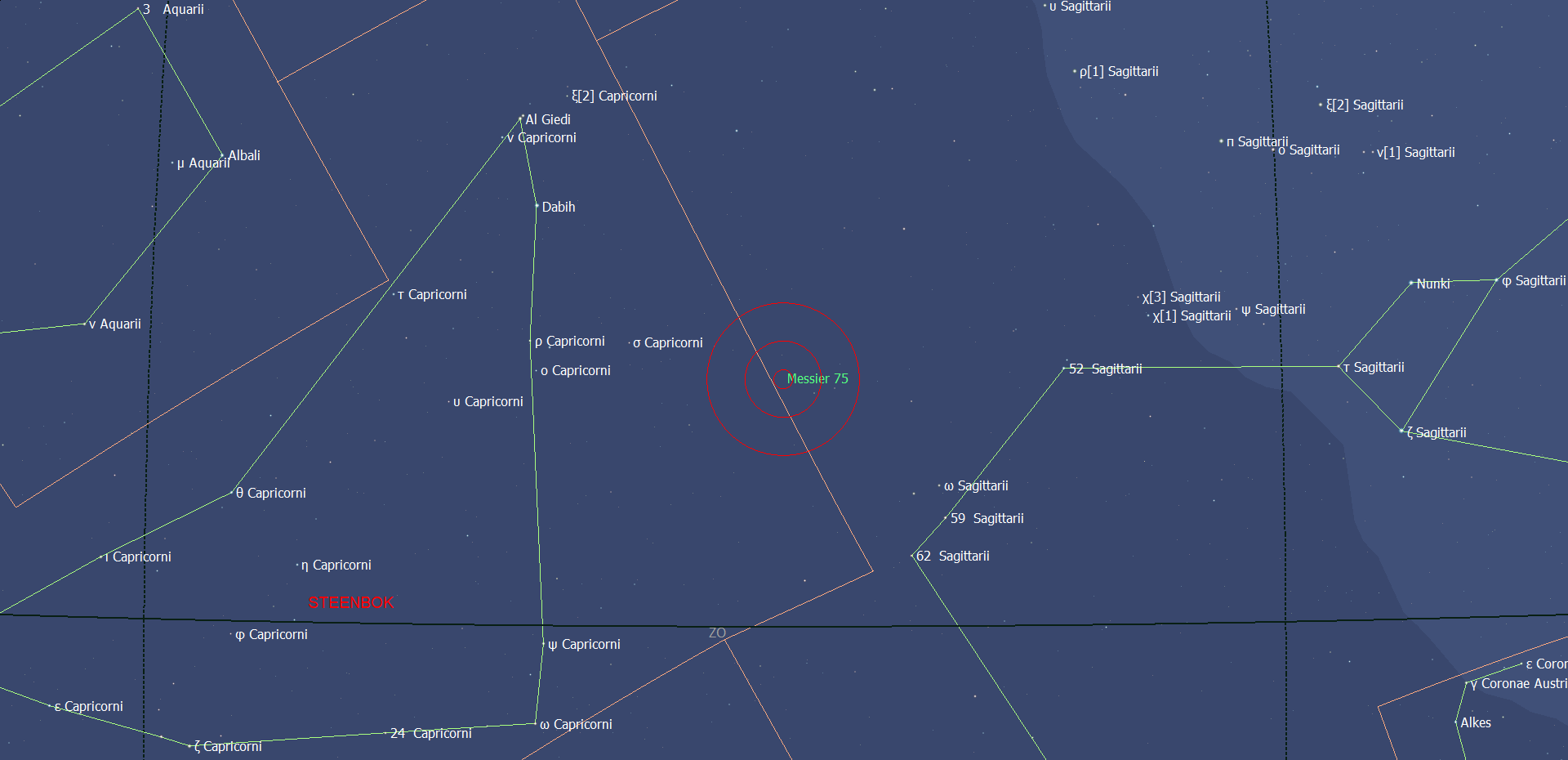 De locatie van Messier 75 in het sterrenbeeld Sagittarius - Boogschutter.