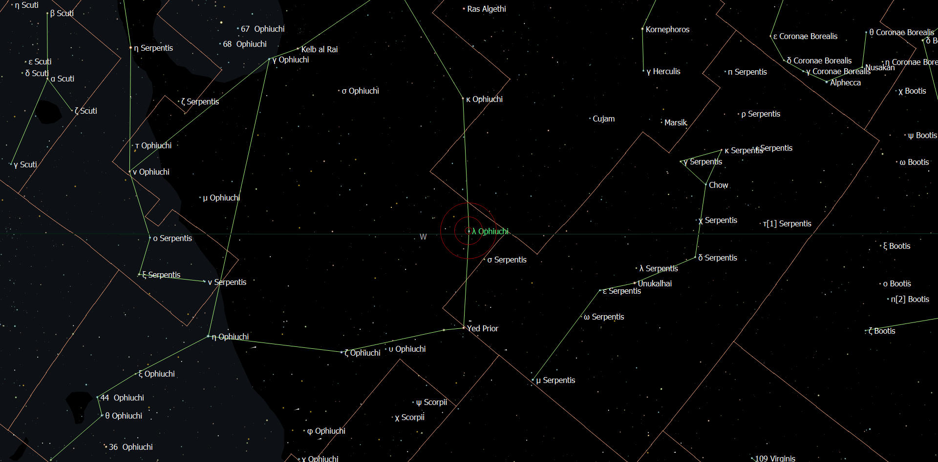De locatie van Marfik - Lambda Ophiuchi in het sterrenbeeld Slangendrager - Ophiuchus.