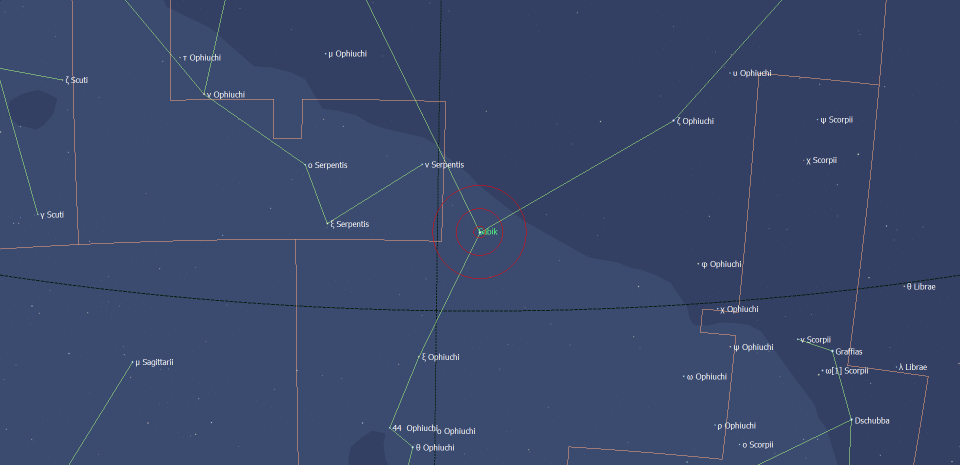 De locatie van Sabik - Eta Ophiuchi in het sterrenbeeld Ophiuchus - Slangendrager.