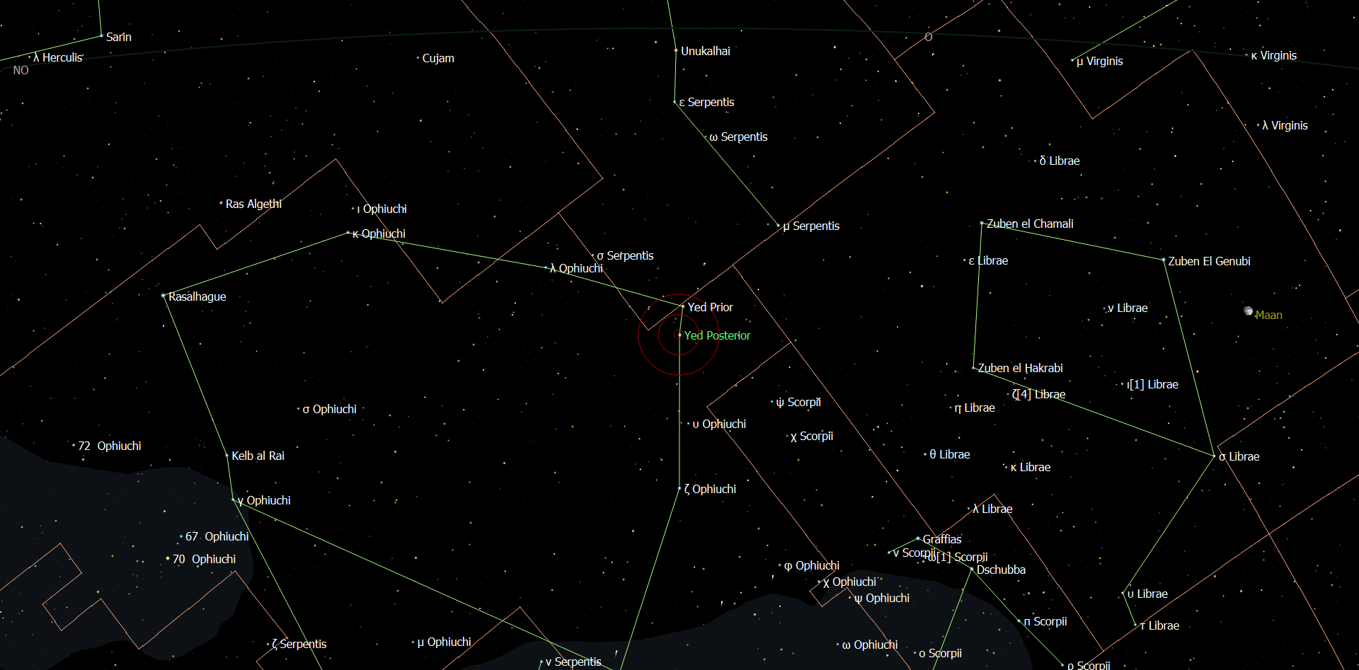 De locatie van Yed Posterior - Epsilon Ophiuchi in het sterrenbeeld Ophiuchus - Slangendrager.