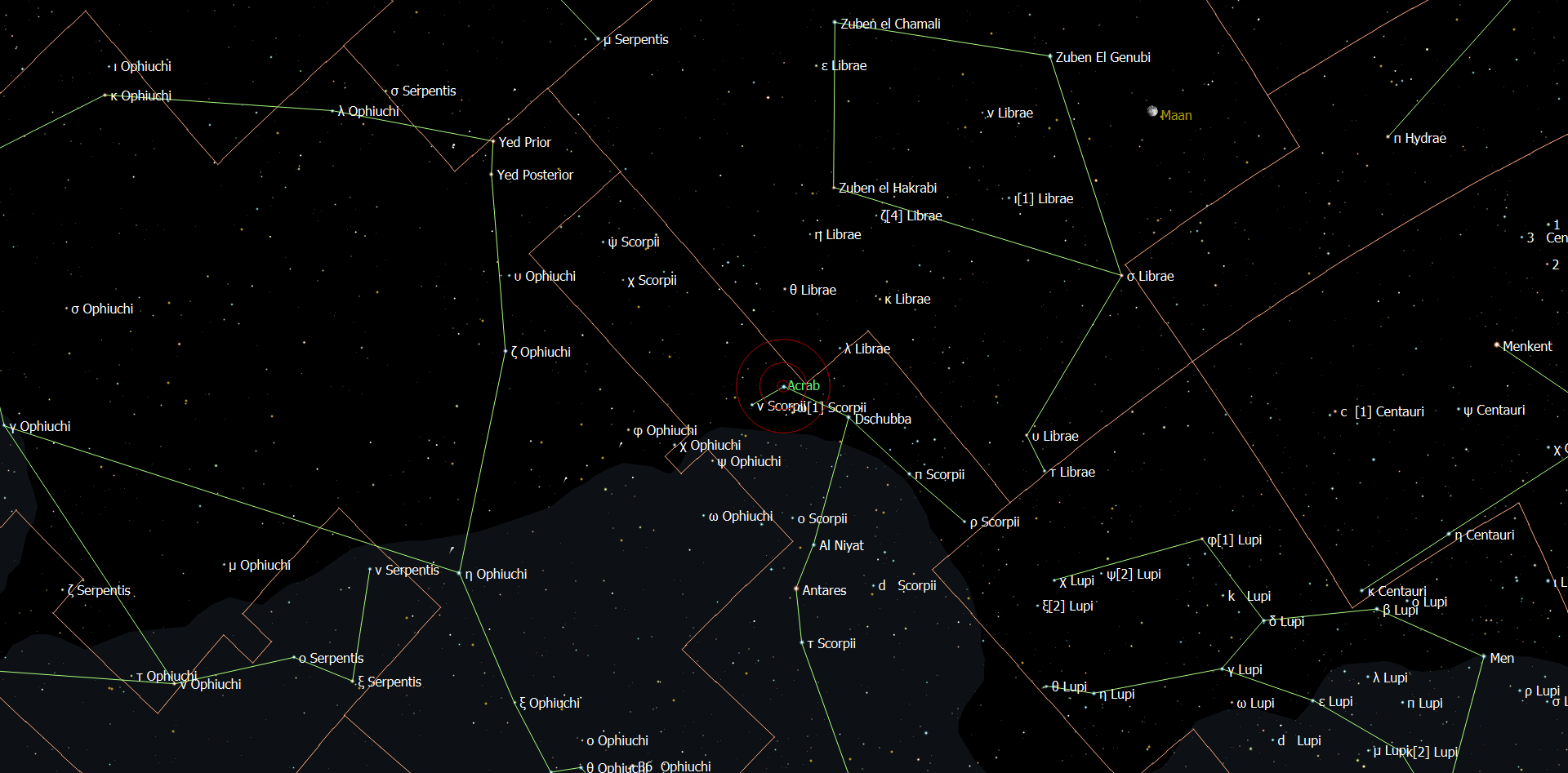De positie van Acrab - Bèta Scorpii in het sterrenbeeld Scorpius - Schorpioen.