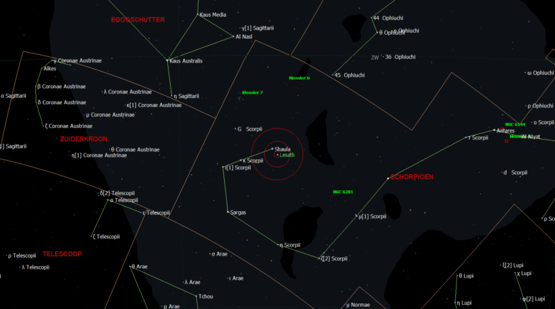 De locatie van Lesath - Upsilon Scorpii in het sterrenbeeld Scorpius - Schorpioen.