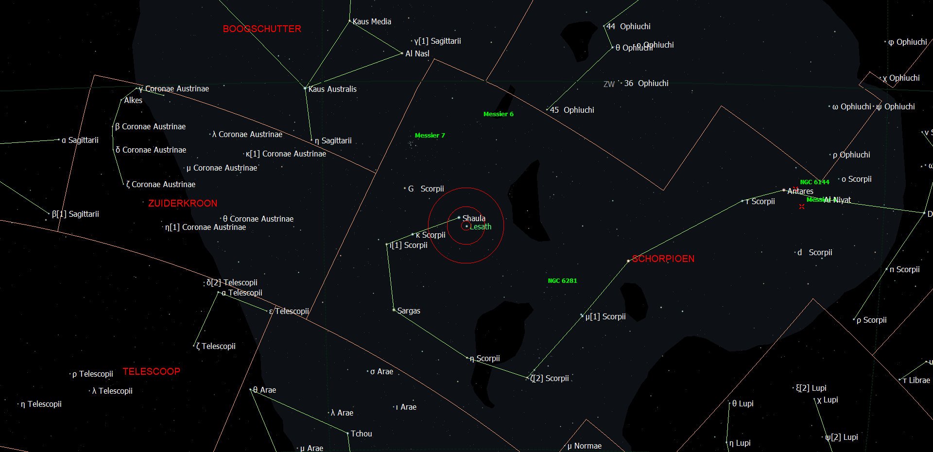 De locatie van Lesath - Upsilon Scorpii in het sterrenbeeld Scorpius - Schorpioen.