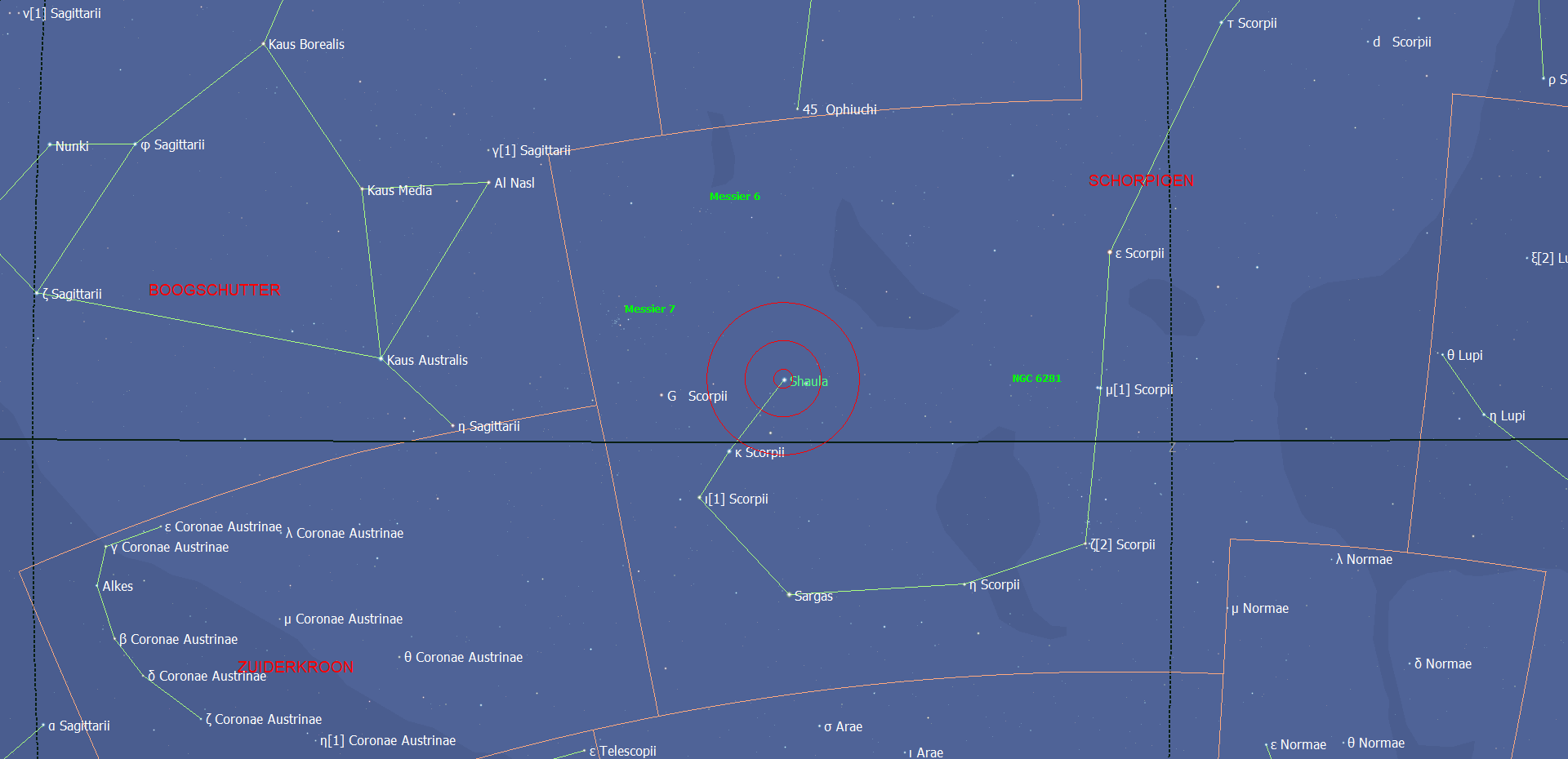 De locatie van Shaula - Lambda Scorpii in het sterrenbeeld Schorpioen - Scorpius