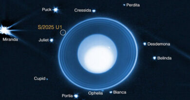 Deze Webb/NIRCam-afbeelding toont S/2025 U1 en 13 van de 28 andere bekende manen die rond Uranus draaien.