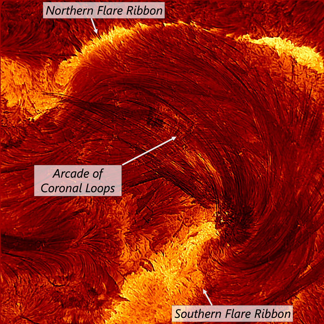 Een hoge-resolutiefoto van de flare, gemaakt met de Inouye-zonnetelescoop, genomen op 8 augustus 2024 om 20:12 UT.