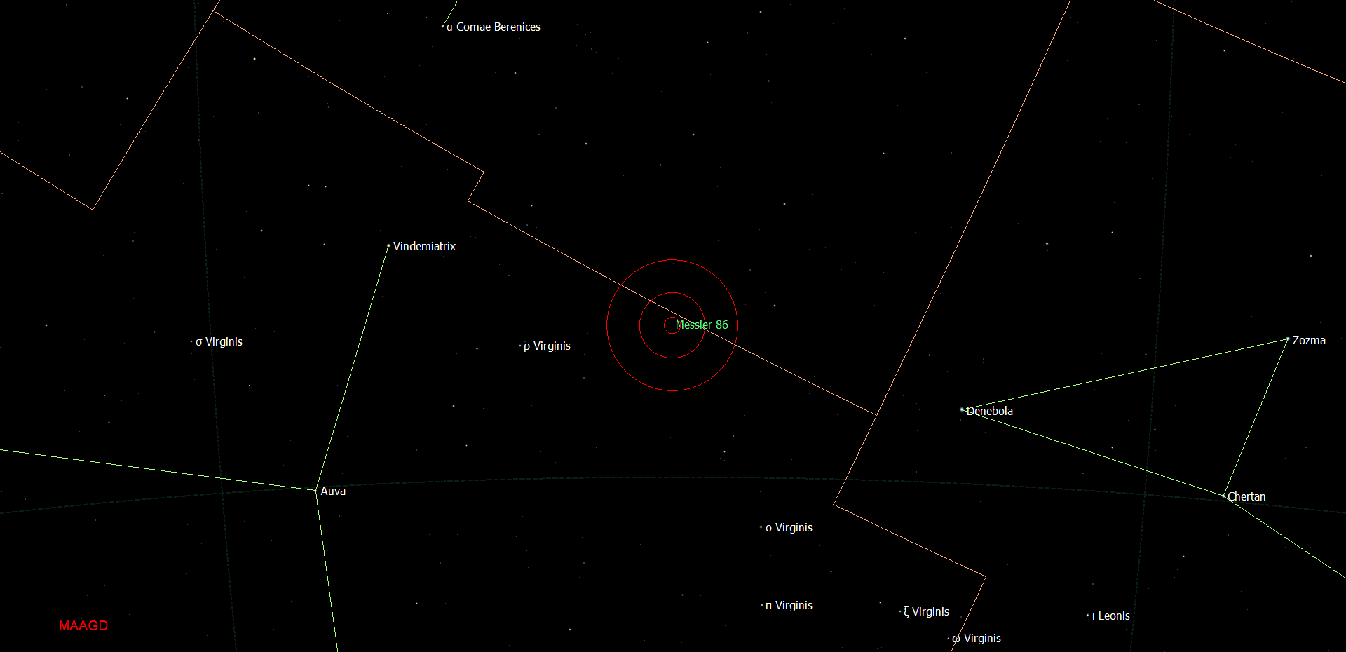 locatie van Messier 86 - NGC 4406 in het sterrenbeeld Virgo - Maagd.
