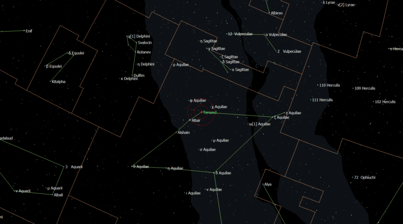 Locatie van Tarazed - Gamma Aquilae in het sterrenbeeld Aquila - Arend.