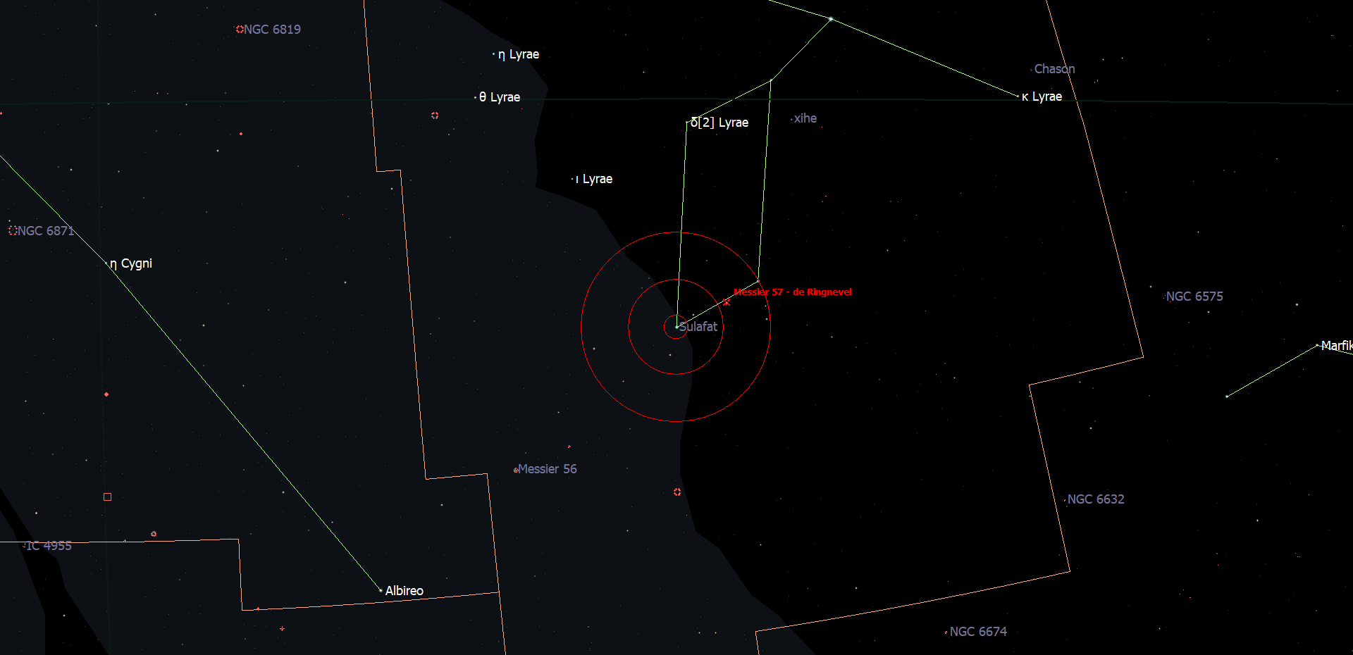 Kaartje voor Sulafat - gamma Lyrae, Messier 56 en Messier 57 in het sterrenbeeld Lier - Lyra.