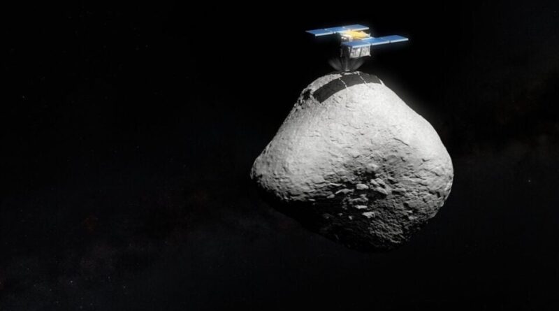 Een artist impressie van de Japanse ruimtemissie Hayabusa2 die landt op het oppervlak van asteroïde 1998 KY26.
