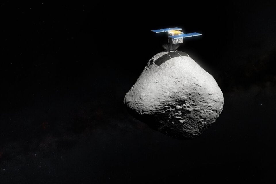 Een artist impressie van de Japanse ruimtemissie Hayabusa2 die landt op het oppervlak van asteroïde 1998 KY26.