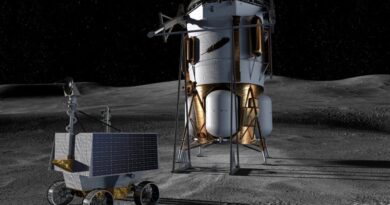Een illustratie van Blue Origin's Blue Moon Mark 1-lander en NASA's VIPER op het maanoppervlak.