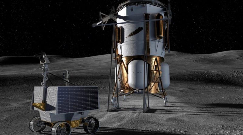 Een illustratie van Blue Origin's Blue Moon Mark 1-lander en NASA's VIPER op het maanoppervlak.
