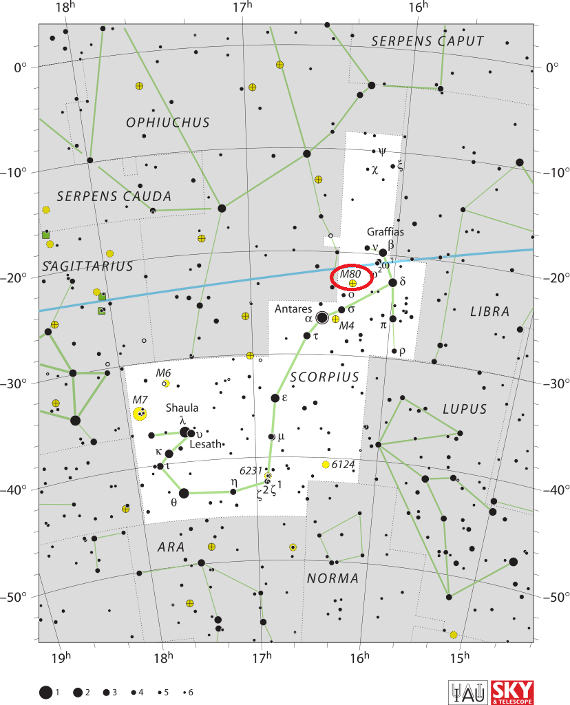 De positie van Messier 80 in het sterrenbeeld Schorpioen.
