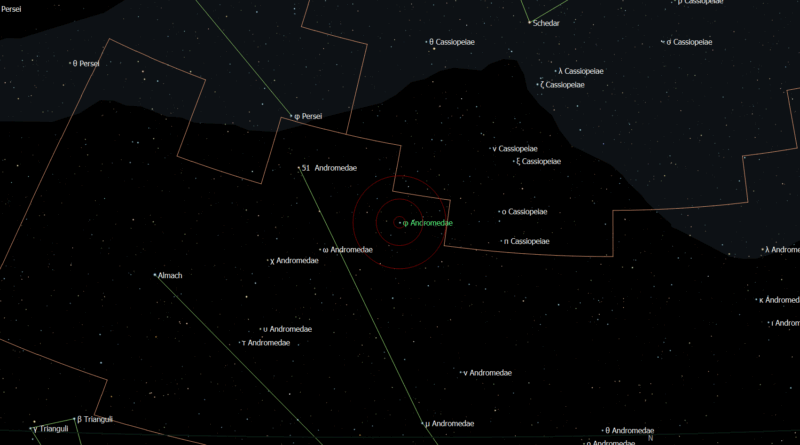 De locatie van Phi Andromedae - Junnanmen n het sterrenbeeld Andromeda.