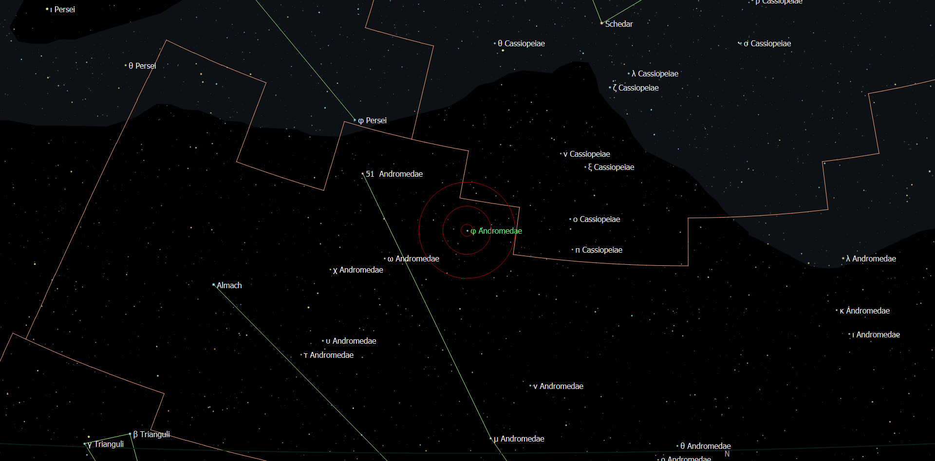 De locatie van Phi Andromedae - Junnanmen n het sterrenbeeld Andromeda.