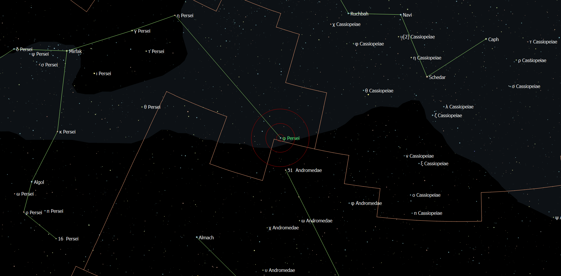De locatie van Dajinagjunbei - Phi Persei in het sterrenbeeld Perseus.