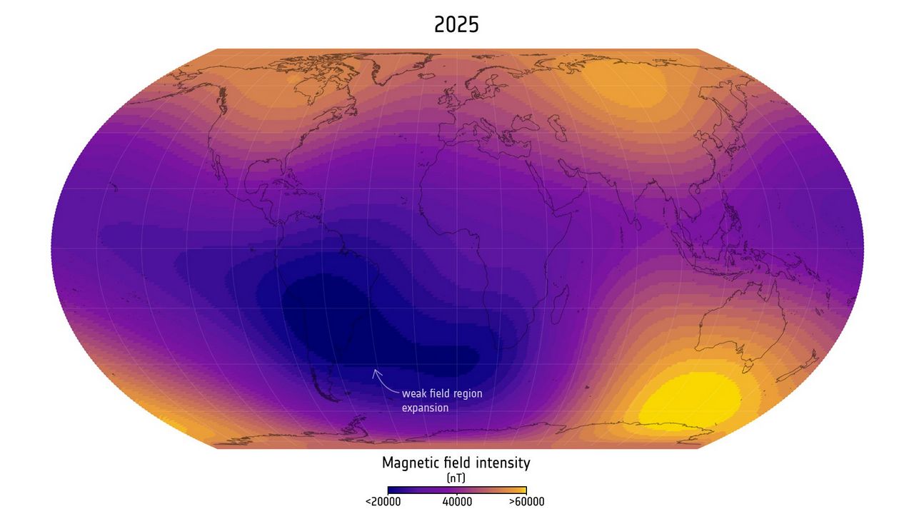 Zuid-Atlantische Anomalie 2025 vergeleken met 2014.
