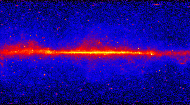 Deze afbeelding toont de volledige hemel met energieën groter dan 1 GeV, gebaseerd op vijf jaar aan gegevens van het LAT-instrument op NASA's Fermi Gamma-ray Space Telescope.