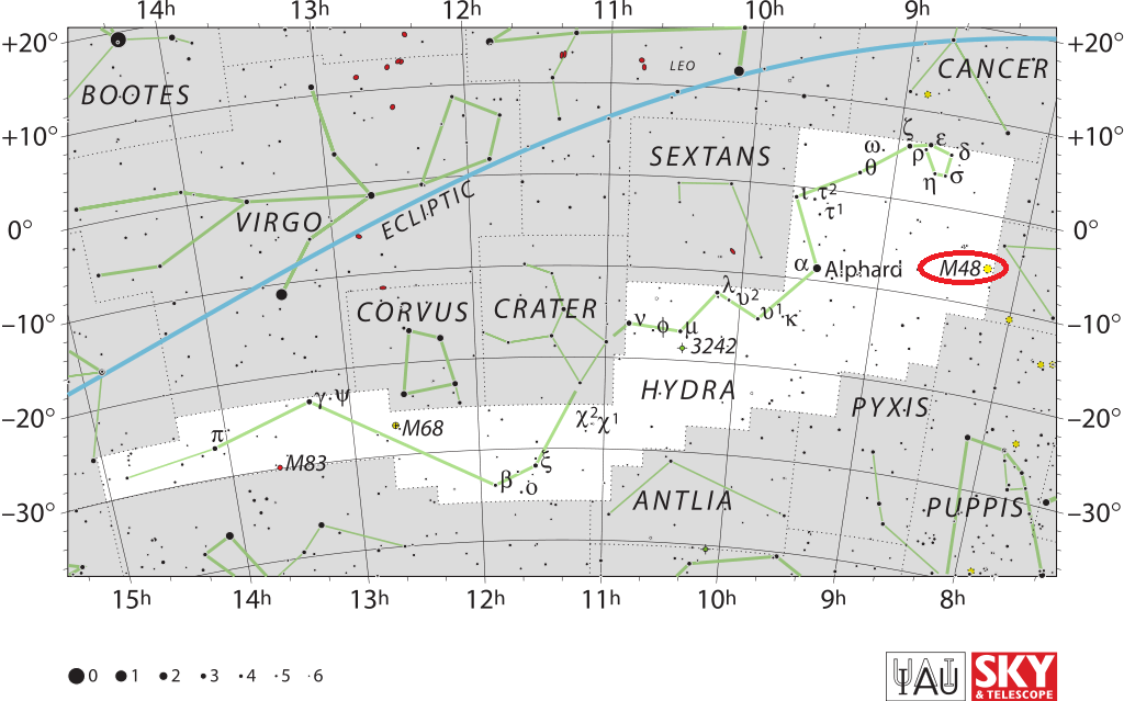 Locatie van M48, waar is Messier 48, vind Messier 48, positie van M48.