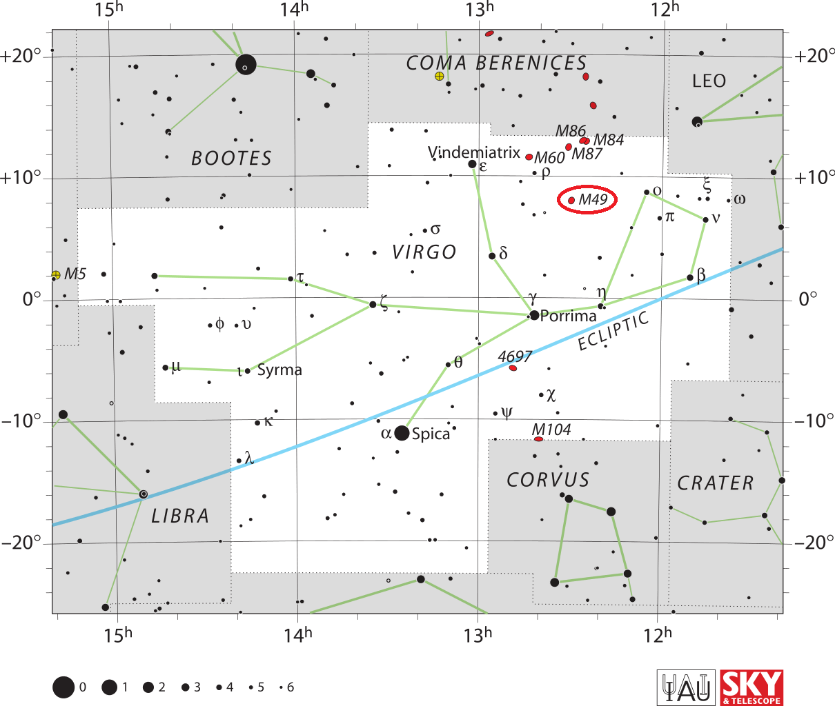 Locatie van M49, waar is Messier 49, vind het M49-sterrenstelsel.