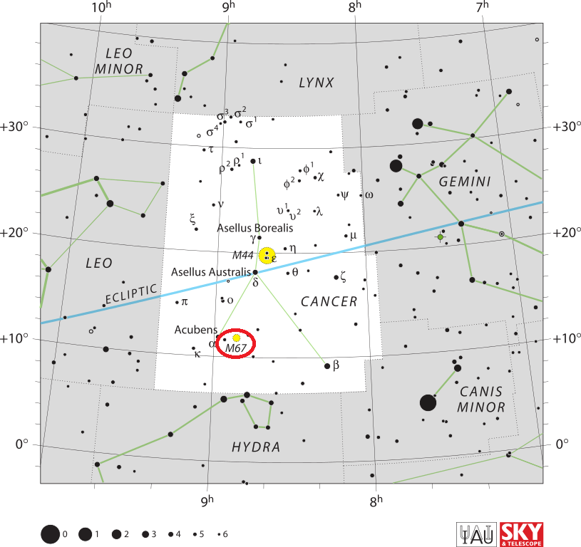 Vind Messier 67, waar is M67, locatie van M67.