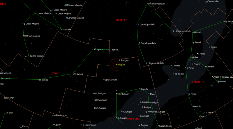 De locatie van Delta Aurigae - Bagu (Prajapati) in het sterrenbeeld Auriga - Voerman.