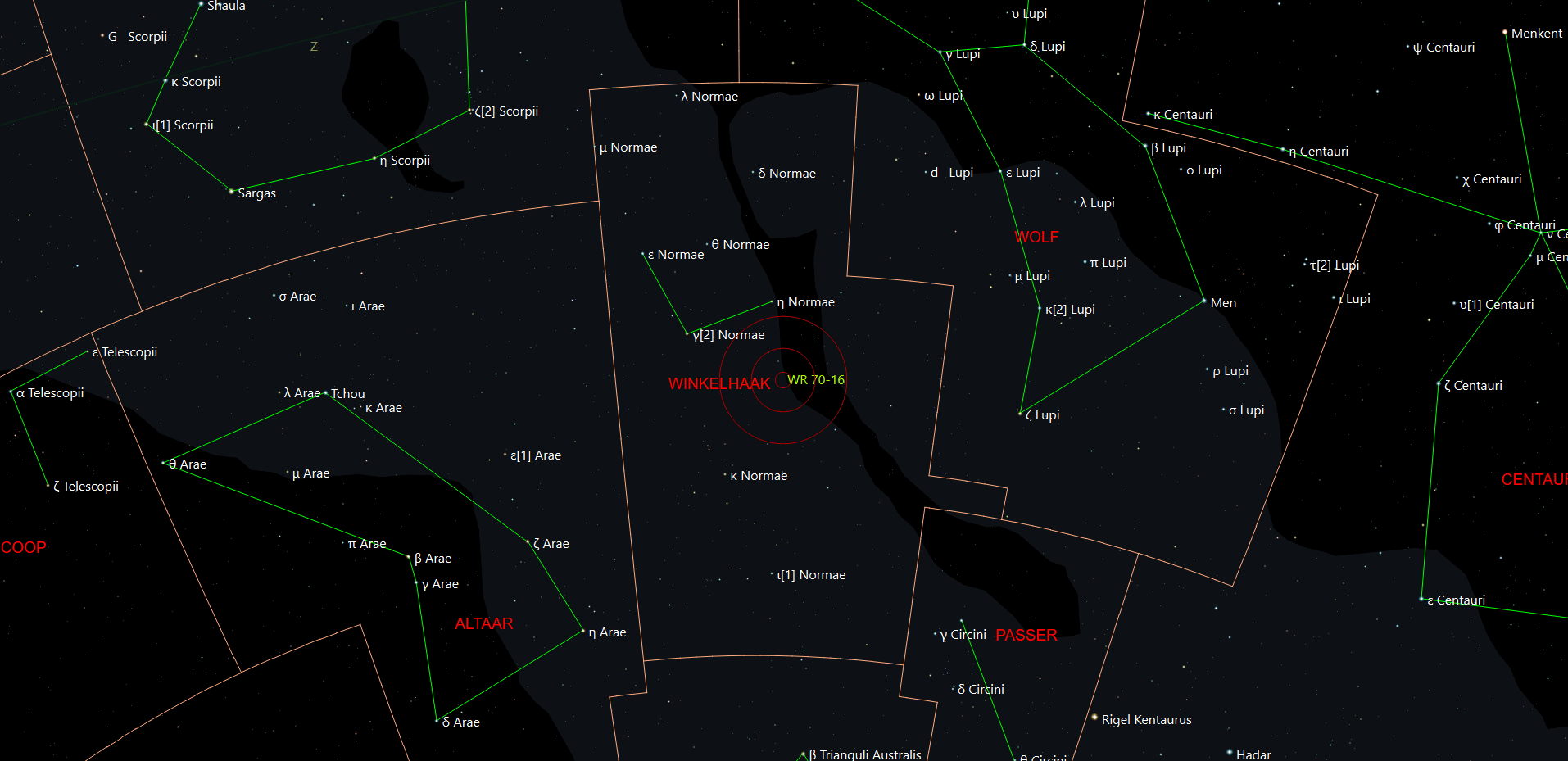 De locatie van Apep - WR 70-16 in het sterrenbeeld Norma - Winkelhaak.
