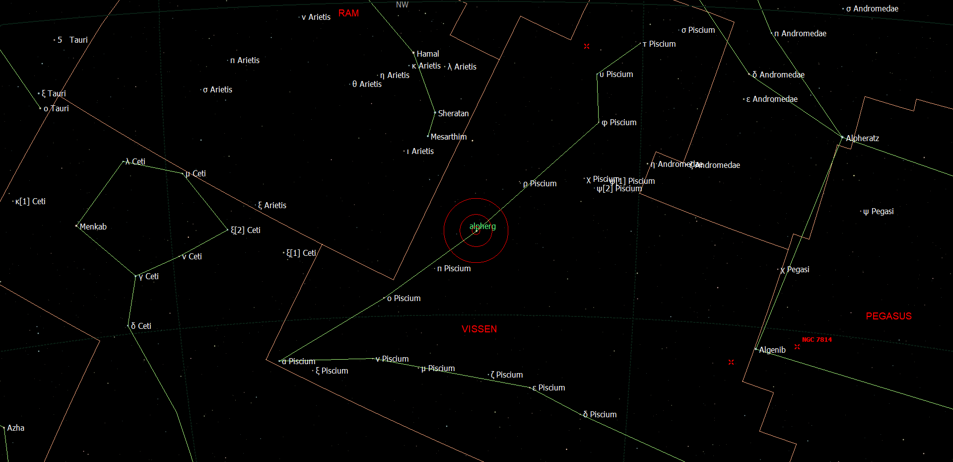 De locatie van Eta Piscium - Alpherg in het sterrenbeeld Pisces - Vissen.