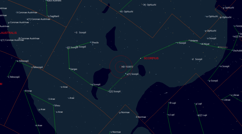 De locatie van Shengong - HD 153072 in het sterrenbeeld Schorpioen - Scorpius.