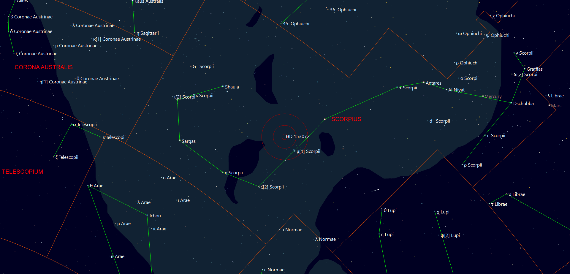 De locatie van Shengong - HD 153072 in het sterrenbeeld Schorpioen - Scorpius.