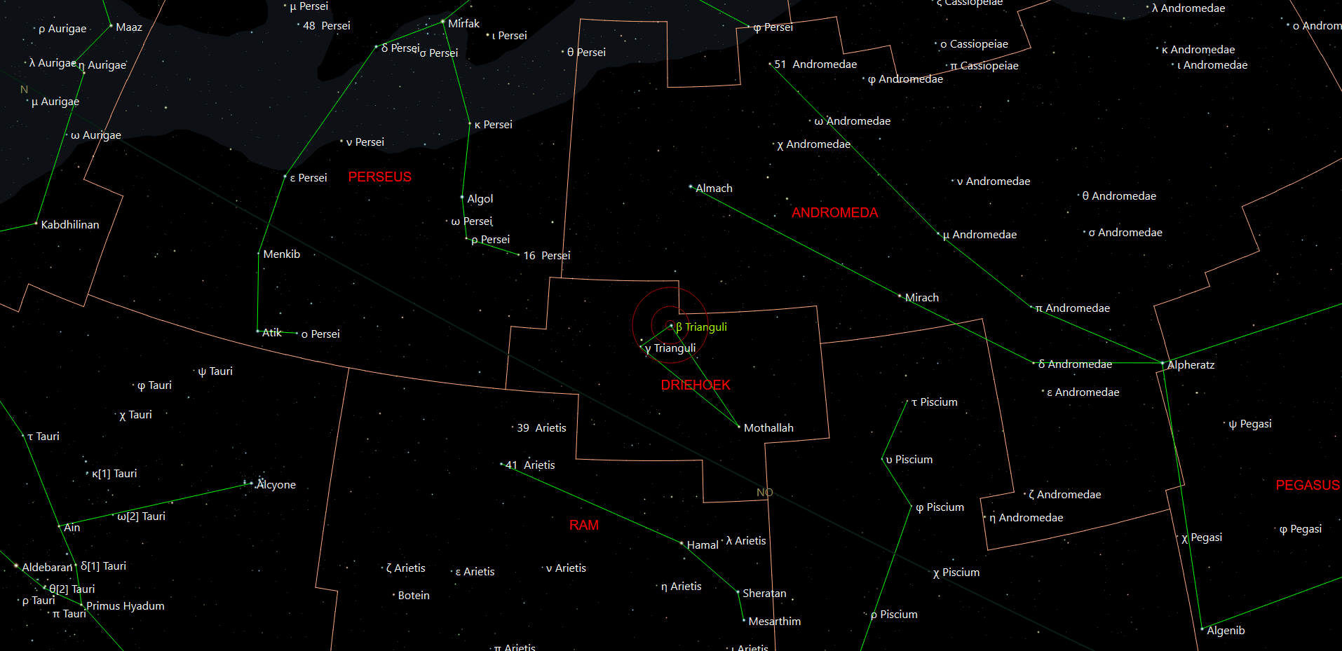 De locatie van Bèta Trianguli - Alaybasan in het sterrenbeeld Driehoek - Triangulum.